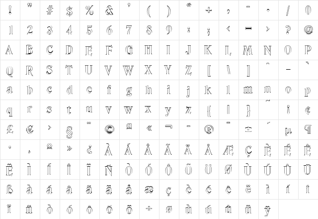 ThomasBeckerOutline Bold  glyph index