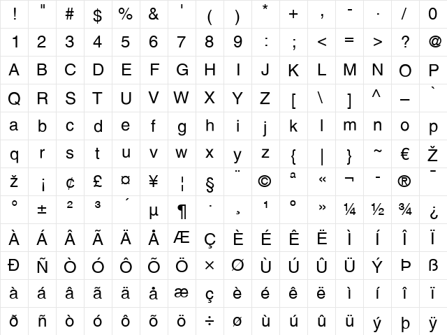 Helvetica LT Regular  glyph index