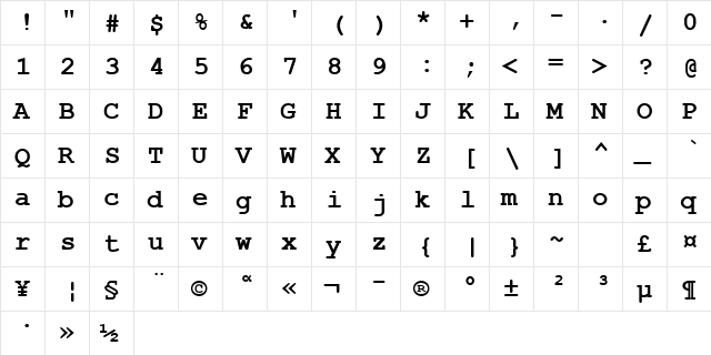 Courier New Greek Bold  glyph index