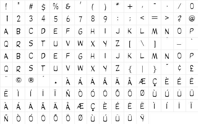 OPTIKartoon Medium  glyph index