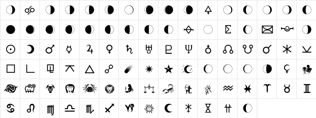 Astrologer Regular  glyph index