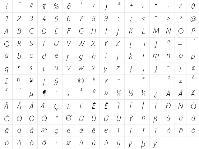 Giacomo LT Light Italic  glyph index