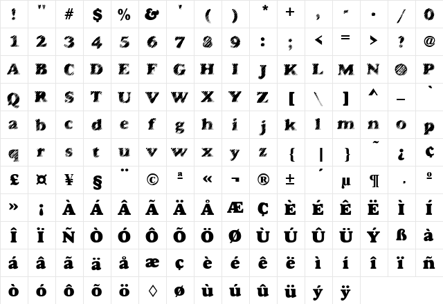 AntiGlare Regular  glyph index