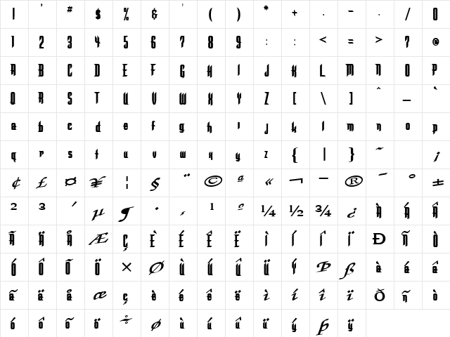 CuteEnvy127 Bold  glyph index