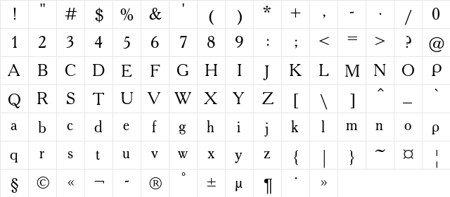 AcademyC Regular  glyph index