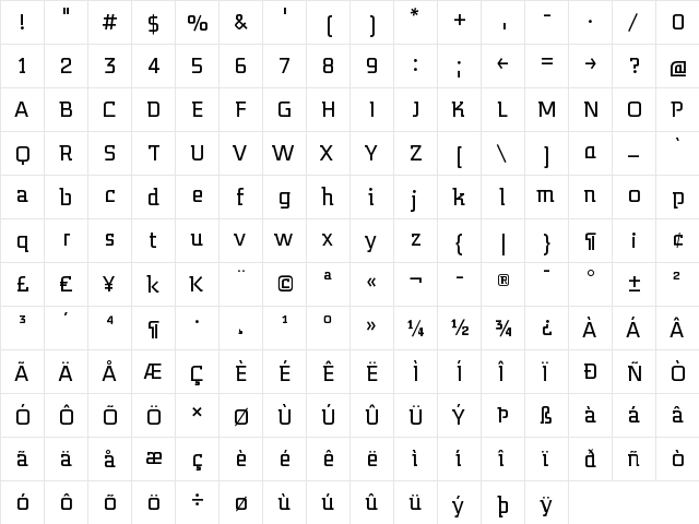 MidnightKernboy Regular  glyph index