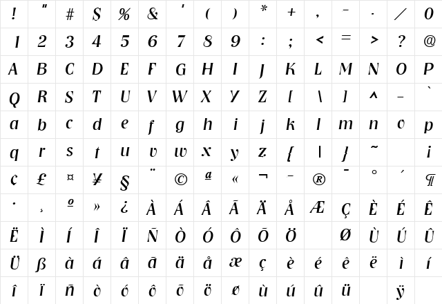 Nashville Italic  glyph index
