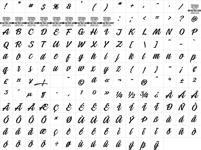Tall Casat Light PERSONAL USE Regular  glyph index