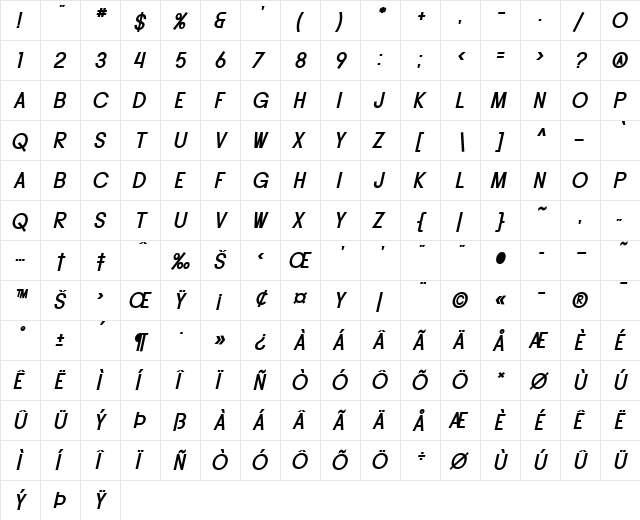 SF Buttacup Lettering Bold Oblique  glyph index