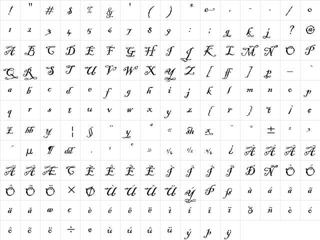 Blackadder ITC Regular  glyph index