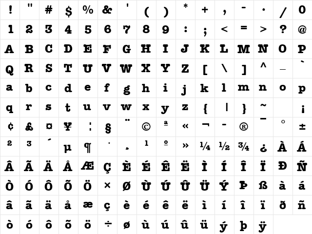 Editor Bold  glyph index