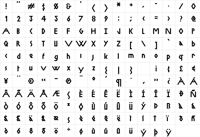 Vacant Bold Alternate Regular  glyph index