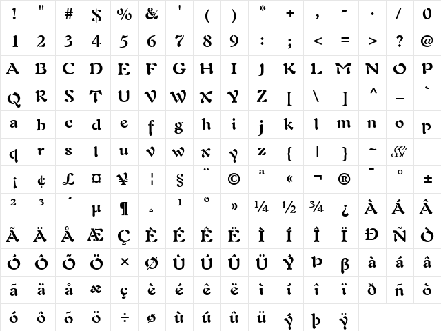 Palette SSi Bold  glyph index