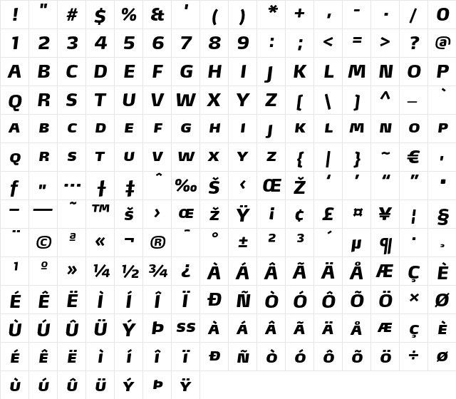 MaxLF-BlackItalicSC Regular  glyph index