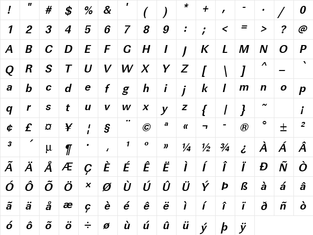 URWLinearTNar Bold Oblique  glyph index