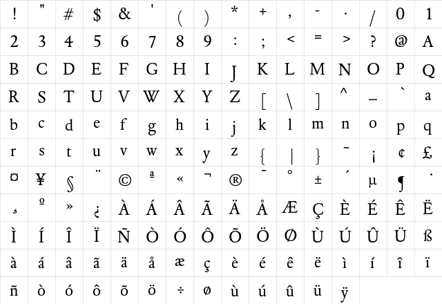 DTL Elzevir T Book  glyph index