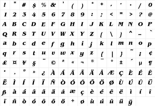 BenguiatEF-BoldItalic Regular  glyph index