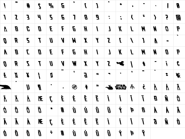 Mandalore Laser Leftalic Regular  glyph index