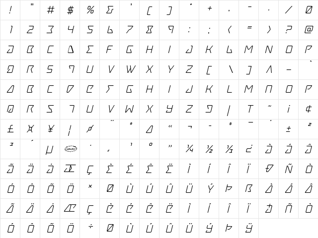Tracer Italic Italic  glyph index