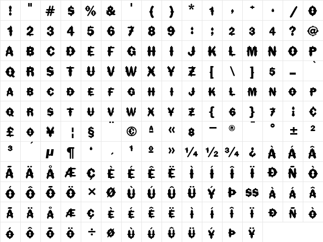 FlorindaITC TT Regular  glyph index