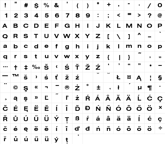 NimbuSanDEEExt Bold  glyph index