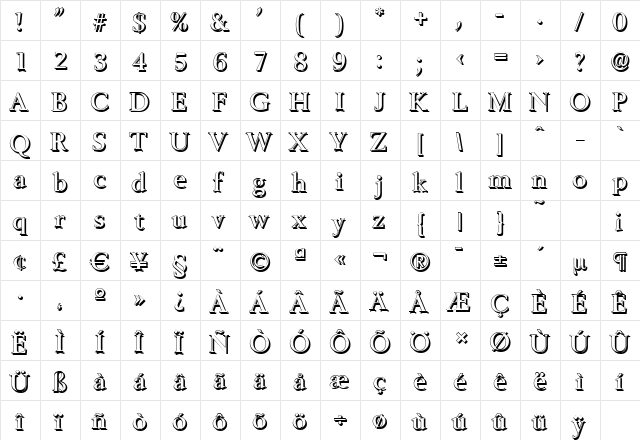 BelfastShadow-Medium Regular  glyph index