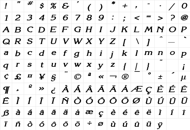 Keira Wide Bold Italic  glyph index