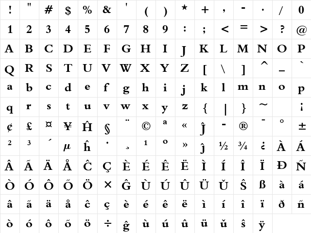 Aldine401 BT Eo Bold  glyph index