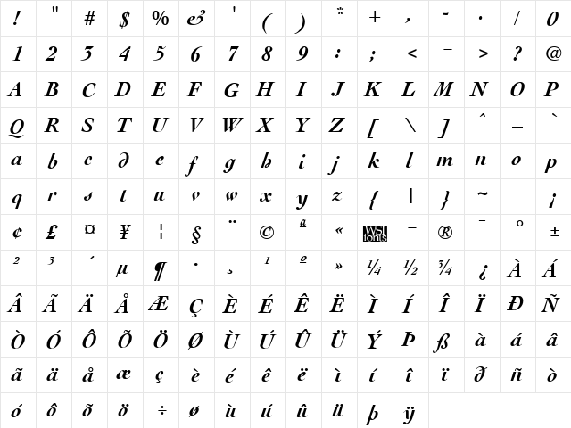 Cocktail BoldItalic  glyph index