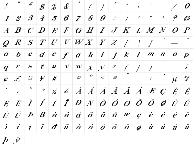 Providence-Ital Normal  glyph index