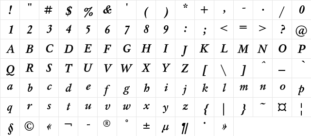 MyslC Bold Italic  glyph index