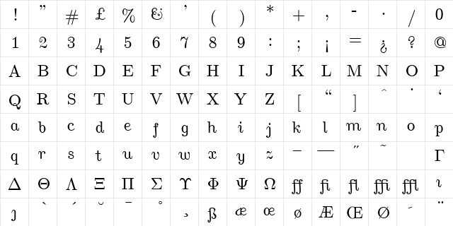 cmu10 Regular  glyph index