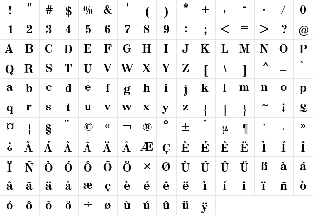 Madison BQ Regular  glyph index