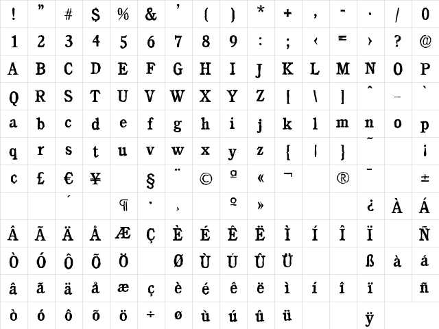 CalgaryAntique-Medium Regular  glyph index
