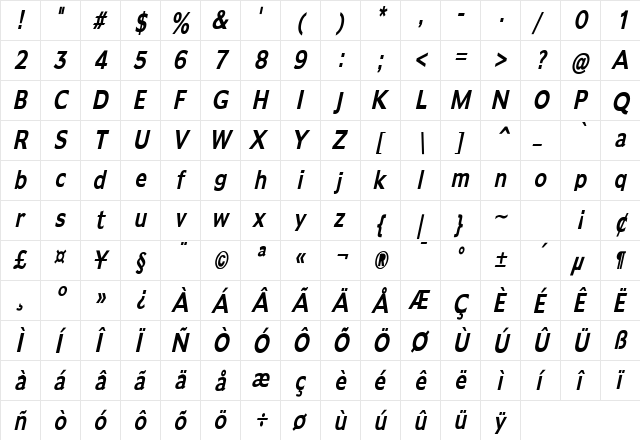 Adams Thin Bold Italic  glyph index