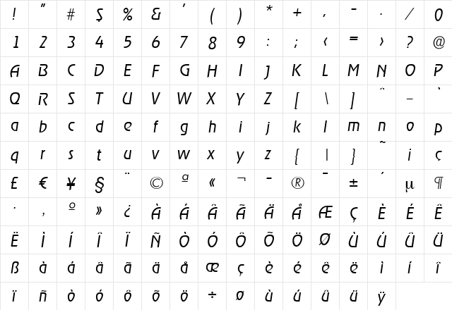JoeBecker-Light Italic  glyph index