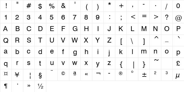Swis721Greek BT Roman  glyph index