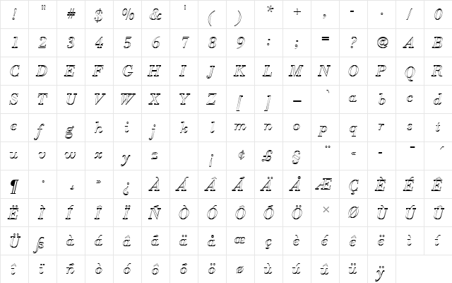 BodoniAntTLigItaOu1 Regular  glyph index