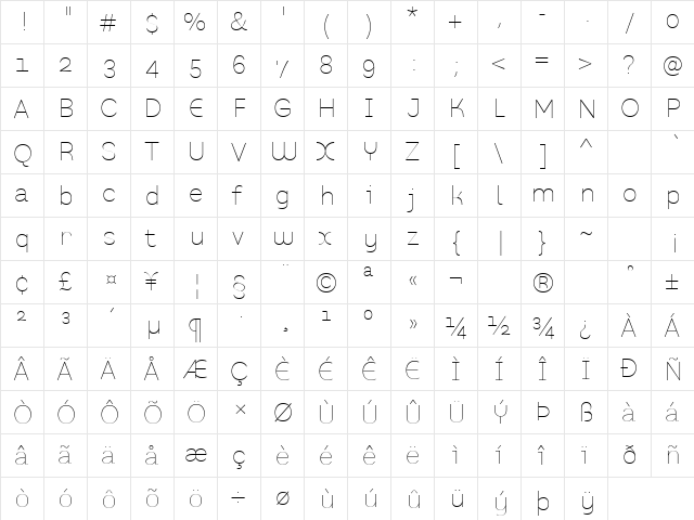 PrefaceThin Regular  glyph index