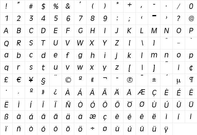 ArthurBecker Italic  glyph index