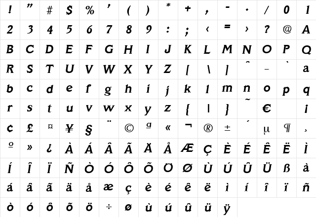 Veracruz-DemiBoldIta Regular  glyph index