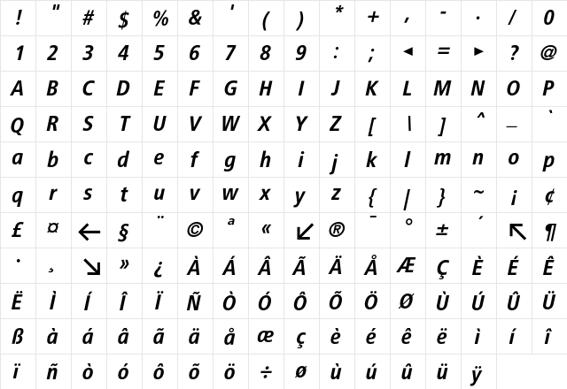 BVGPosHinKursiv Regular  glyph index