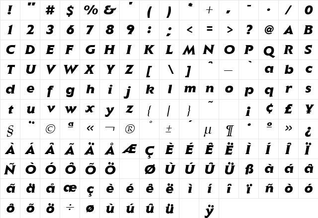 Elan Black Italic  glyph index