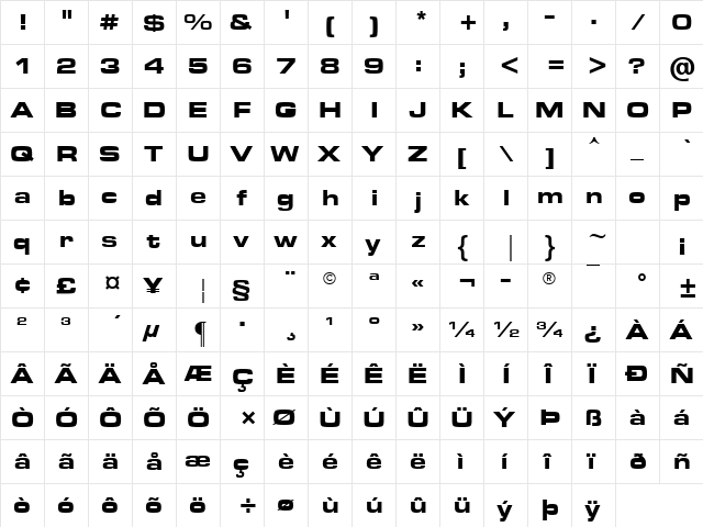 Metrostyle Extended Bold  glyph index