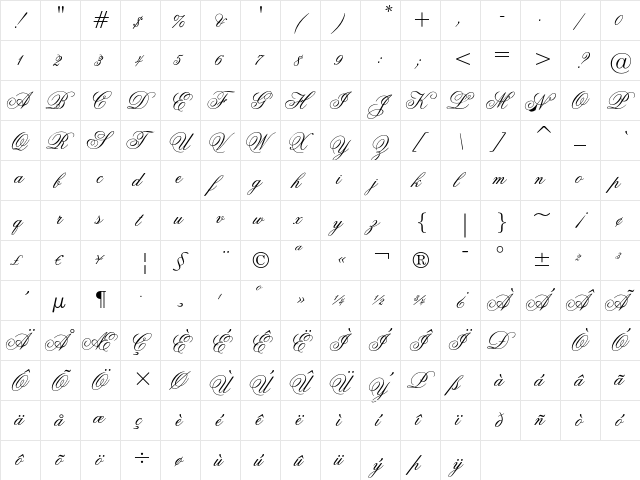 Flemish Script Regular  glyph index