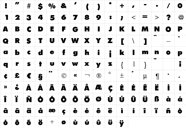 FunctionTwo-Xbold Regular  glyph index