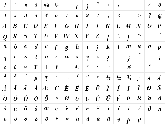HolmenLF-BoldItalic Regular  glyph index