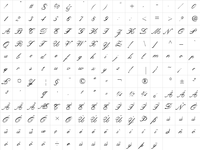 KuenstlerScript Medium  glyph index