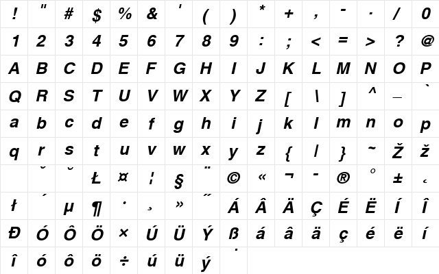 NimbusSanLEE Bold Italic  glyph index
