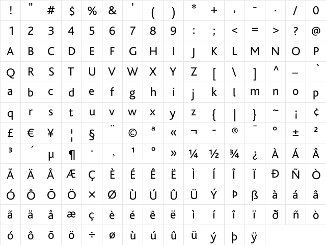 Bliss Regular  glyph index